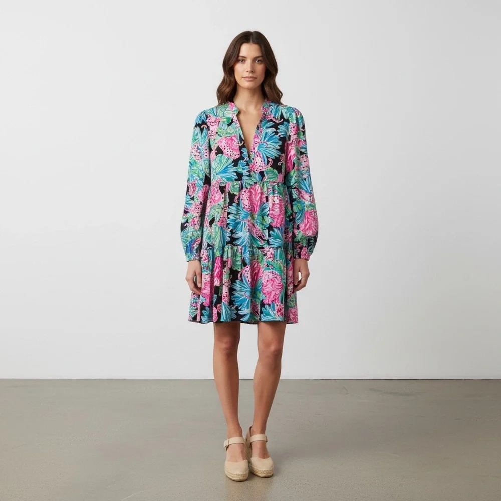 Lilly Pulitzer Winona Stretch Jaguar Jungle Long Sleeve Floral Swing Dress - Picture 2 of 6